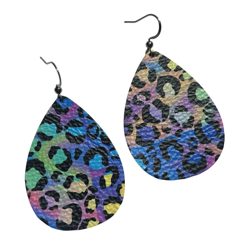 5/$25 Handmade Genuine Leather Colorful Animal Leopard Teardrop Earrings 2"